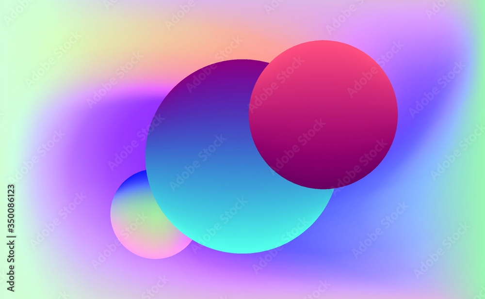 Poster colorful gradient spheres on iridescent holographic background . surreal vivid blurred backdrop and 