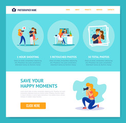 Landing page template for photographer's web site illustrated with cartoon characters