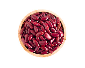 Red beans in wooden bowl isolated on white background