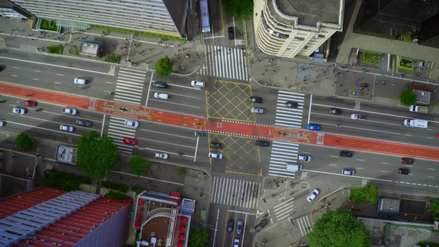 Aerial hyperlapse bird's eye view of Avenida Paulista with intense daytime traffic in Sao Paulo