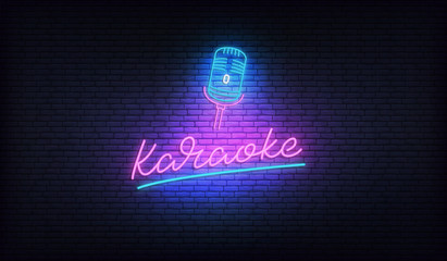 Karaoke neon sign. Neon label with microphone and Karaoke lettering - obrazy, fototapety, plakaty
