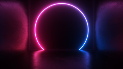 neon light shapes on black background,rainbow colors, empty space,  80's retro style, fashion show stage, abstract background, 3d rendering,conceptual image.