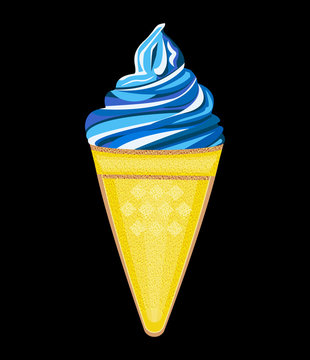 Isolated vector image of bright blue soft ice cream in a waffle Cup. Cartoon, realistic style, summer sweetness for the heat. Product with food dyes. Fast food.
