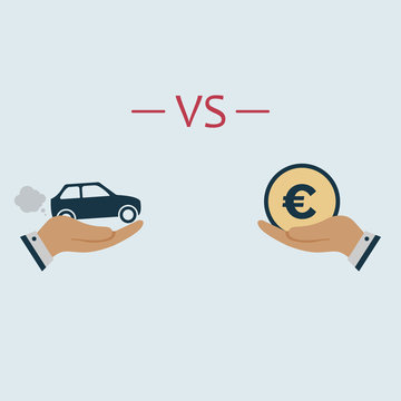 car VS money euro coin. concept sale car. car versus euro