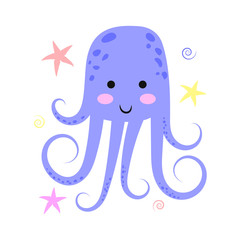 Cute cartoon octopus. Illustration for print on baby clothes, books and cards. Flat vector illustration isolated on white background.