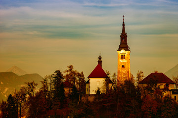 the Christian church in the mountains at the end of autumn