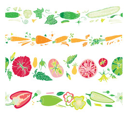 Isolated on white vector set of endless brushes with vegetables: cucumber, carrot, tomato, bell pepper