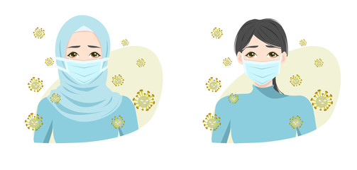 Woman hijab wear mask fight covid-19. corona virus outbreak pandemic. Flat Character. Health and Medical. Hijab vector. wear hijab style.