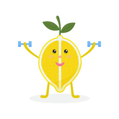 Cute happy funny lemon fruit with dumbbells. Vector cartoon character illustration icon design.Isolated on white background
