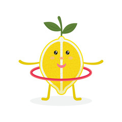 Cute lemon cartoon character doing exercises with hula hoop. Eating healthy. Isolated illustration on a white background. Healthy, sportive lifestyle concept