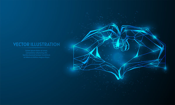 Glowing hand love on blue abstract background. low poly hand love backgraound. lines and triangles on blue background.