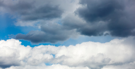 Panorama of white and gray clouds against a blue sky