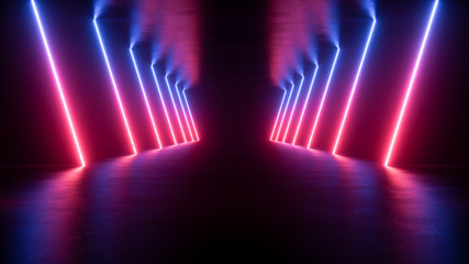 neon light shapes on black background,rainbow colors, empty space,  80's retro style, fashion show stage, abstract background, 3d rendering,conceptual image.