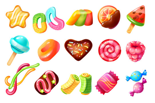 Cartoon candies. Chocolate sweets and caramel desserts, candy canes sweetmeats and cakes. Vector illustration cookies and jelly candies set