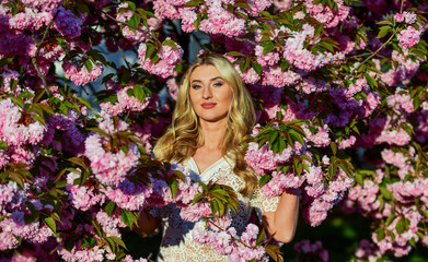 Fototapeta premium Spring mood. spring nature blossom in park. retro woman smell sakura flowers. spa and beauty treatment. soft skin care. healthy girl in cherry tree garden. vintage summer fashion
