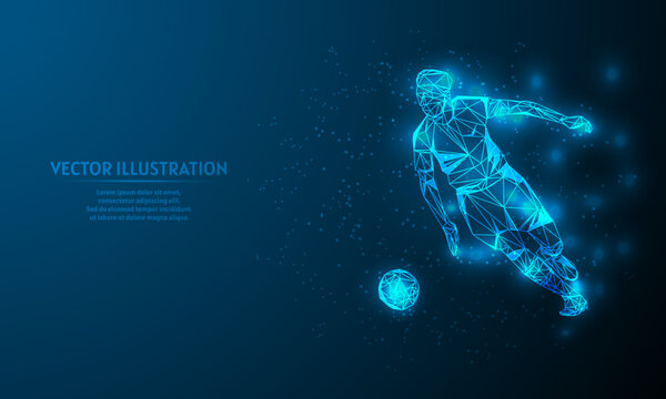 Glowing soccer on blue abstract background. low poly soccer  backgraound. lines and triangles on blue background.