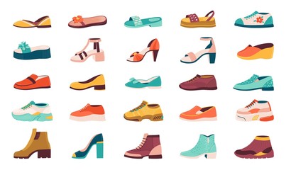 Cartoon shoes. Flat autumn footwear, running shoes and summer sandals, male and female sneakers and boots collection. Vector isolated illustration set of shoes