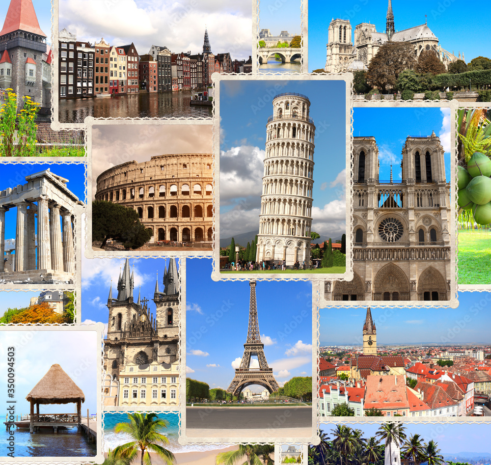 Wall mural vintage travel background with retro photos of european landmarks