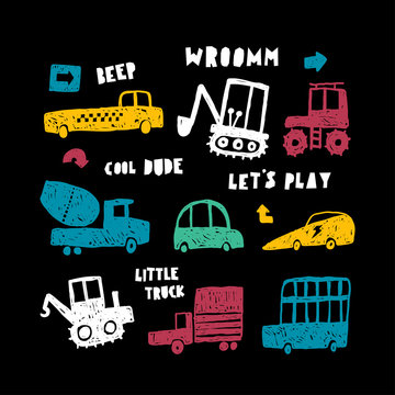 Creative hand drawn cars set. Doodles style. Lettering.