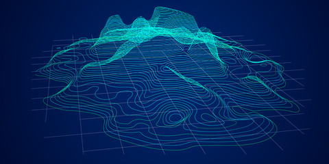 Abstract topographic background. Contour futuristic  Sci-Fi HUD map. Technology concept with curved light lines. Vector illustration for 3d graphic design.