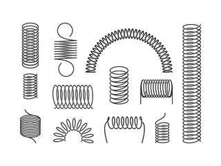 Metal spring set. A twisted spiral, elongated compressed semicircular coil holding cargo flexible spring wire compressed under pressure rebound elastic expansion energy. Silhouette vector graphics. - obrazy, fototapety, plakaty