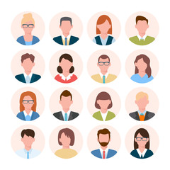 Avatars head set. Anonymous user characters student businessman teenager worker female and male portrait different hairstyles, tie, with glasses without. Vector color cartoon.