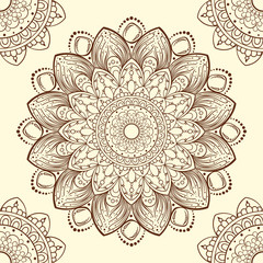 Lace centered outline mandala with corners illustration backdrop .Beautiful traditional coffee colors decorative mandala tile template.Use for web sites, textile and surface pattern, publication decor