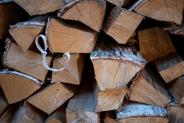 Harvested birch firewood is stacked in a neat woodpile