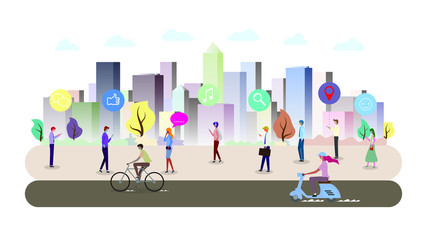 Obraz premium People in the city are using mobile phone or smartphones. Isolated, white background. Flat style vector illustration. Social network technology concept.