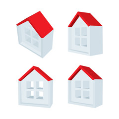 House. Abstract house isometric vector illustrations set. Building icon with white walls, window and red roof. 