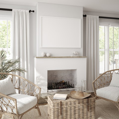 Mockup frame in scandinavian farmhouse living room interior, 3d render © artjafara