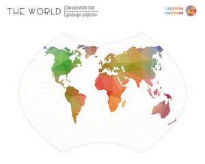Fototapeta na wymiar Triangular mesh of the world. Ginzburg IX projection of the world. Colorful colored polygons. Modern vector illustration.