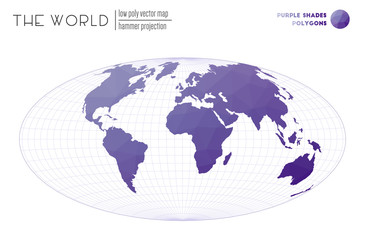 World map with vibrant triangles. Hammer projection of the world. Purple Shades colored polygons. Modern vector illustration.