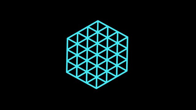 Colored graphic object that rotates clockwise in the center, varying in size, on a background with a hypnotic, psychedelic and stroboscopic effect, in 16: 9 video format.