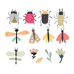 Set with cartoon insects, hand drawing lettering . Colorful flat vector illustration for children.baby design for prints, posters, cards