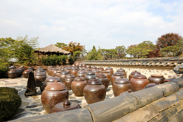Korean traditional clay pot and stone wall