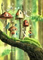 Mushroom fairies village in the forest. Hand drawn watercolor illustration.