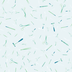 Vector seamless pattern with Surgical Instrument. Scalpel, clamp, scissors, tweezers. For web site design, logo, app, UI