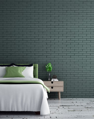 Minimalist bedroom design and green brick wall background 