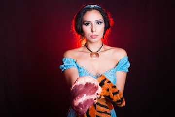 Woman calls stop wearing fur. Vegetarian campaign against the fur and meat industry. Eco friendly...