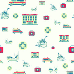 Vector seamless pattern with Wheelchair, ambulance car, bed transformer and hospital. For web design, logo, app, UI