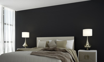 The bedroom design and black wall background 