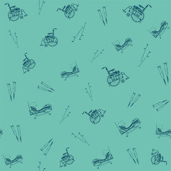 Fototapeta premium Vector seamless pattern with outlines of medical Wheelchair, crutches and bed transformer. For web design, logo, app, UI