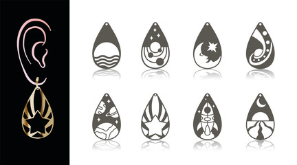 8 Earring Designs. Cutout silhouette with space shapes: sun, star, moon, planet, rocket. Template is suitable for creating: fashion & charm women jewellery earrings, necklace, key chain.