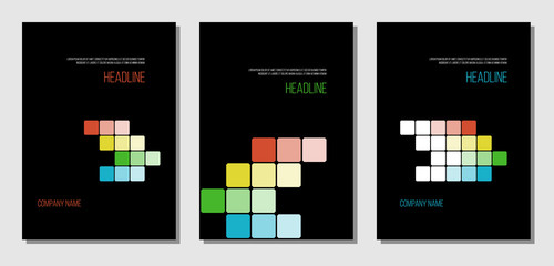 report cover with black background and colorful squares, flat vector page template