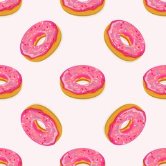 Fototapeta na wymiar Donuts seamless isometric pattern. Cute sweet food baby background. Colorful design for textile, wallpaper, fabric, decor. Template for design. Vector illustration in flat style