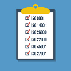 clipboard with iso standards checked list, flat vector