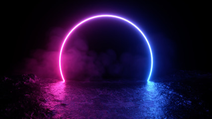 neon light shapes on black background,rainbow colors, empty space,  80's retro style, fashion show stage, abstract background, 3d rendering,conceptual image.