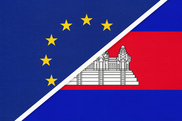 European Union or EU and Cambodia national flag from textile. Symbol of the Council of Europe association.
