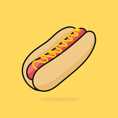 Hot dog with mustard colorful vector cartoon. Fast food hot dog vector clipart icon.